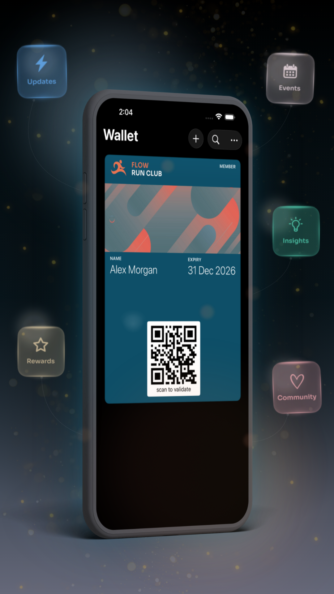 PassVibe living digital pass shown on a phone with supporting membership and event elements